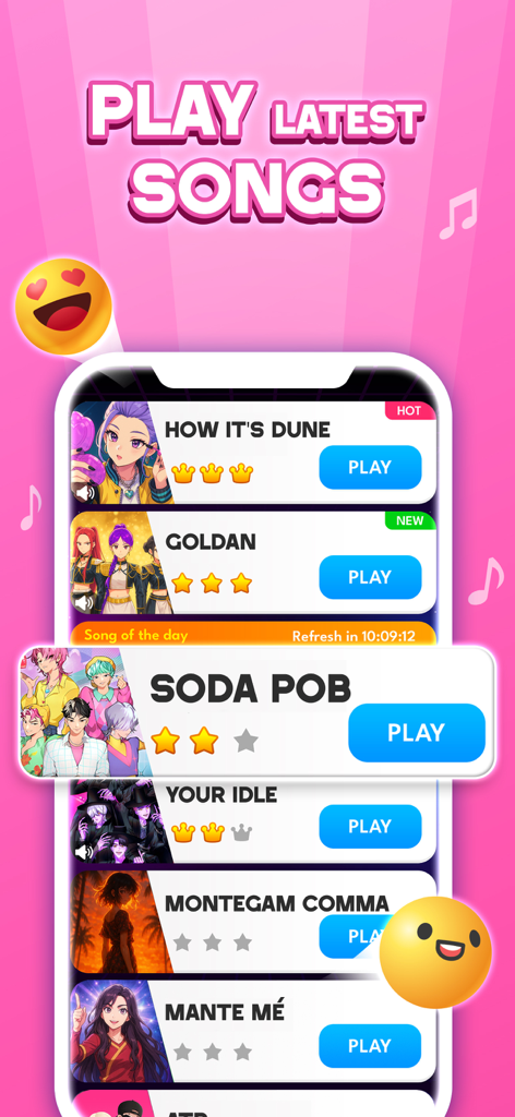 Demon Hop: Ball & Music Game - Demon Hopモバイルゲーム画面。アニメキャラクターのアートワークとともに、再生できる最新曲のリストが表示されています。