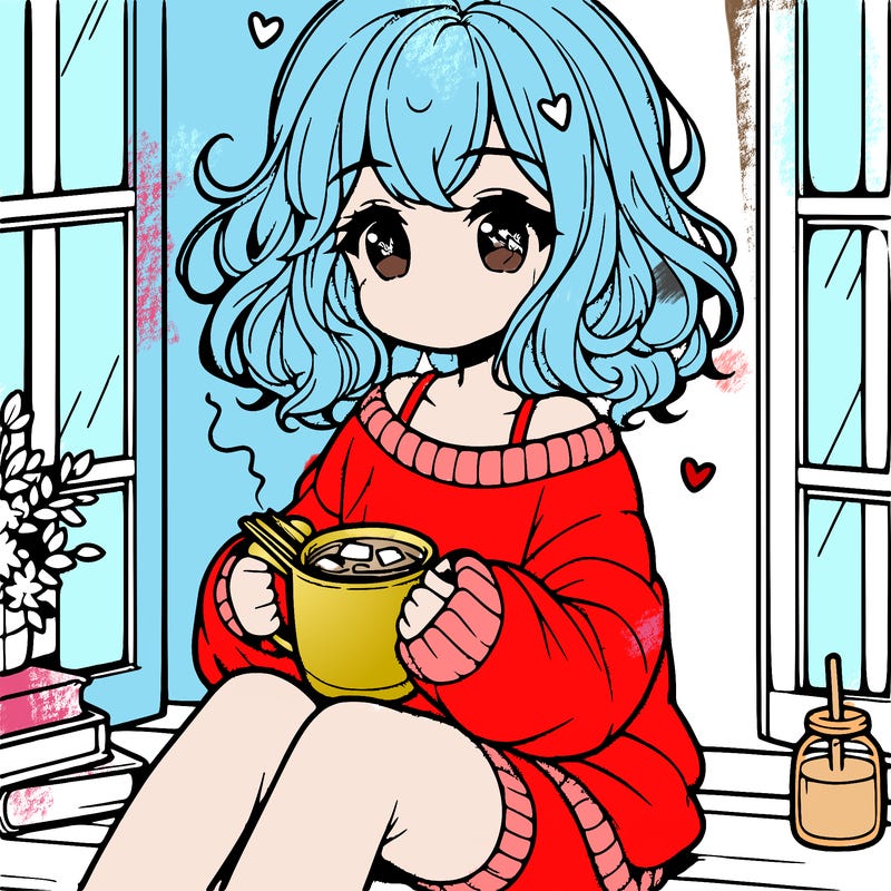 cute anime girl reading book and drinking hot chocolate from mug with loose wavy hair wearing a baggy sweatshirt and shorts sitting by windowsill looking out