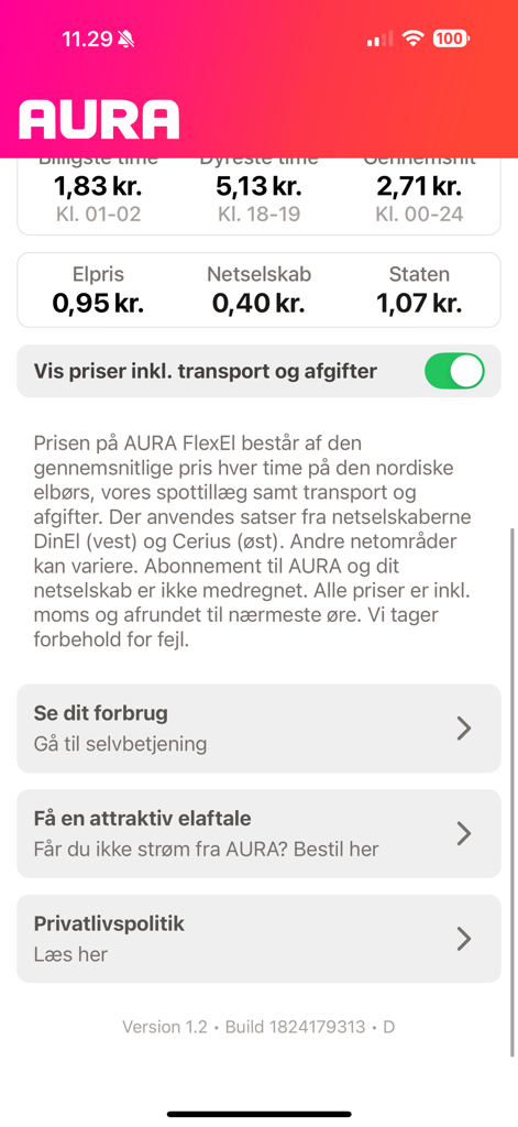 Screenshot der AURA Elpris App, der die Aufschlüsselung der Strompreise einschließlich der günstigsten und teuersten Stunden zeigt.