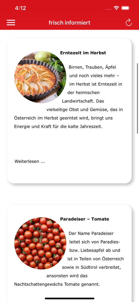 WU Mensa App - Capture d'écran de l'application WU Mensa montrant des informations sur les aliments de saison et des articles sur la récolte d'automne et les tomates.