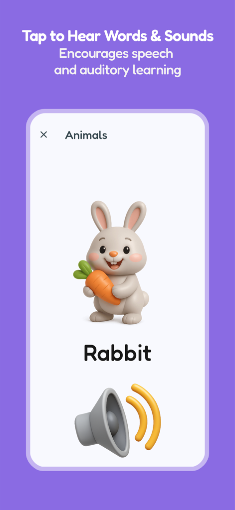 Little Learners Cards - Tarjeta interactiva de animales para un conejo en la aplicación Tarjetas para Pequeños Aprendices para niños pequeños.