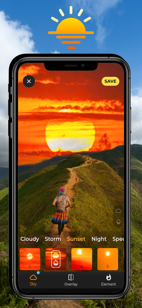 Sky Editor - SkyPic - SkyPic app interface showing a hiker on a trail with a vibrant sunset sky replacement