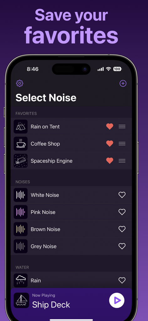 Dark Noise app interface showing a list of favorite ambient sounds like Rain on Tent and Coffee Shop on an iPhone