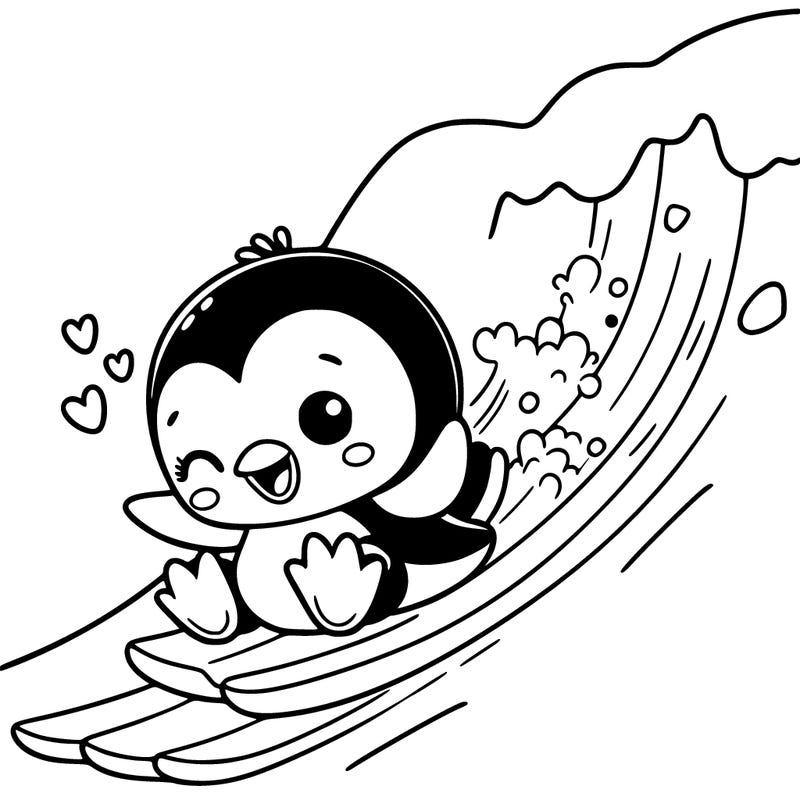 cute cartoon style penguin sliding on an icy slope