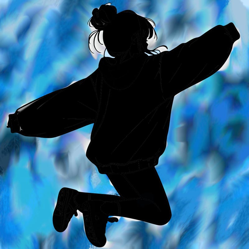 realistic girl jumping with a bun and oversized sweatshirt