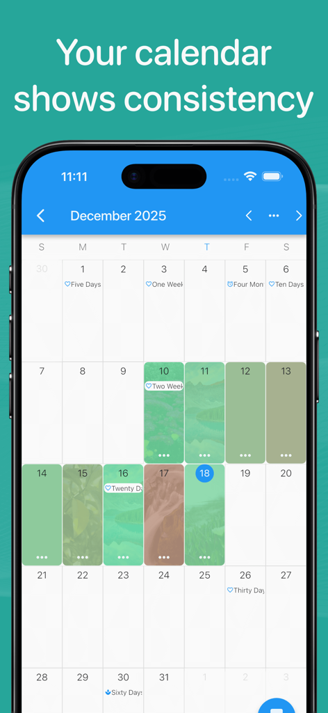 A calendar view in the Sober Time app showing sobriety milestones and consistency through colorful highlights.