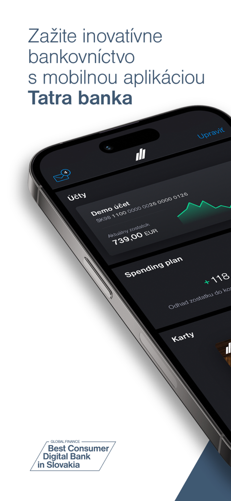 Tatra banka - Tatra banka mobile app on an iPhone showing account balance and spending plan on a dark interface
