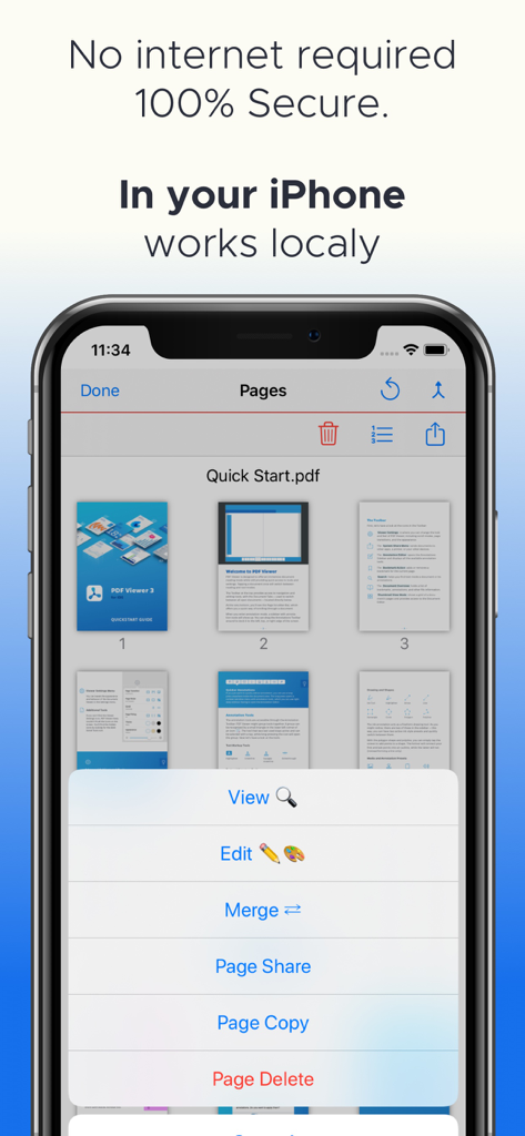 PDF結合アプリのiPhoneスクリーンショット。ドキュメント編集オプションとセキュアオフラインモードのメッセージが表示されています。