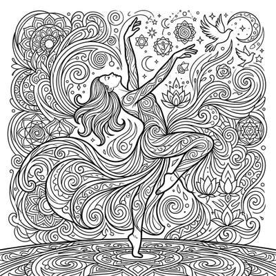 Discover serenity with this exquisite coloring page depicting a dancer in a profound spiritual journey. Intricate patterns and sacred symbols invite you to explore themes of transcendence and inner peace.