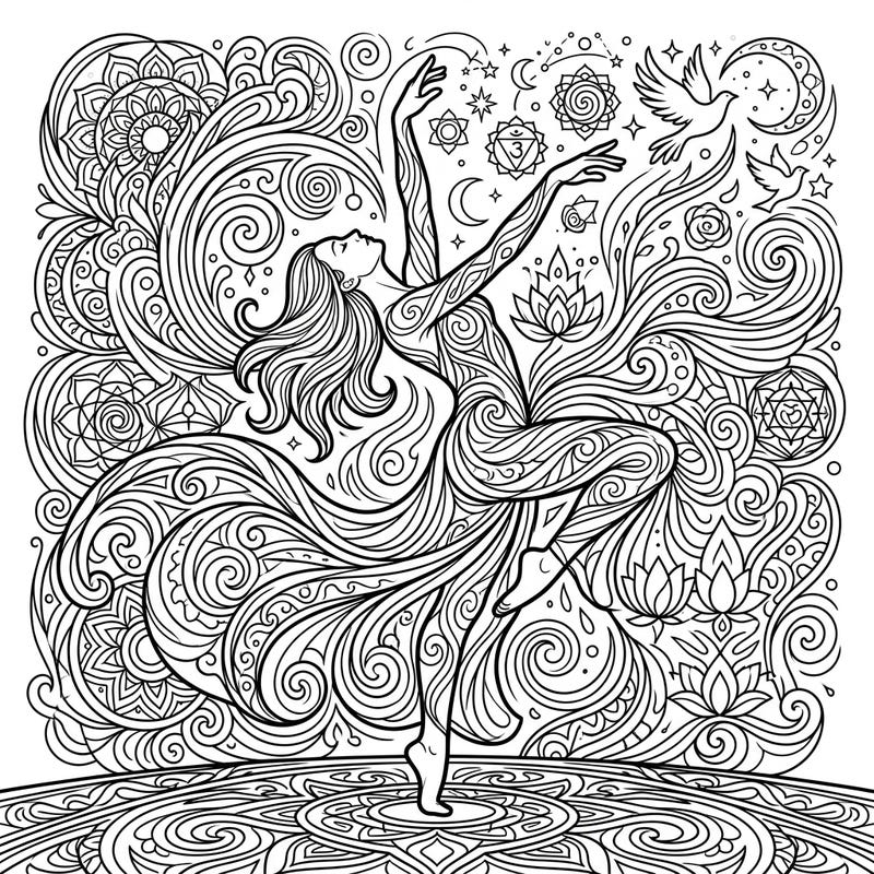 Discover serenity with this exquisite coloring page depicting a dancer in a profound spiritual journey. Intricate patterns and sacred symbols invite you to explore themes of transcendence and inner peace.