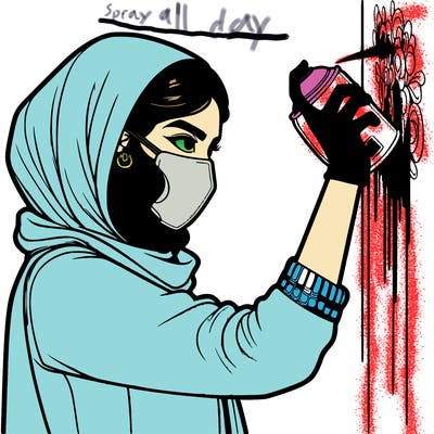 realistic girl with mask spray painting a wall