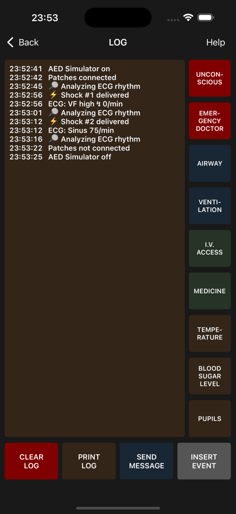 Medical Rescue Sim AED Remote - Schermata del registro del simulatore DAE che mostra eventi di formazione con marcatura temporale e pulsanti di intervento medico