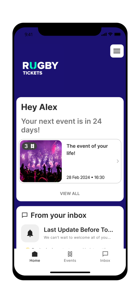 RugbyAU Tickets - RugbyAU Ticketsアプリのホーム画面。今後のイベントまでのカウントダウンと最近の受信トレイ通知が表示されています。
