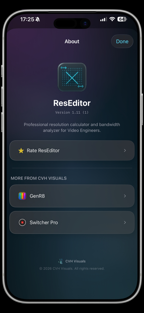About screen of the ResEditor app displaying version info and developer details