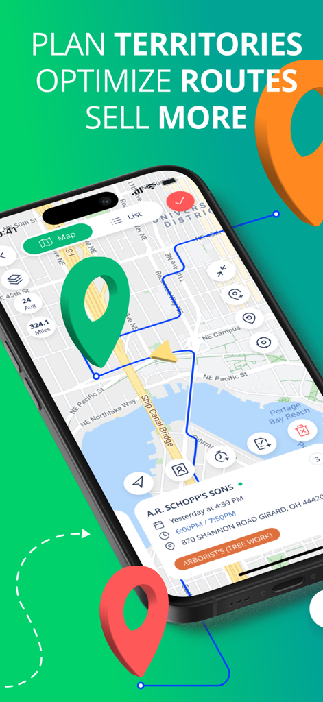 Interfaz de la aplicación RepMove que muestra rutas de ventas optimizadas y gestión de territorios en un mapa