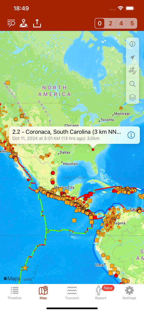 A world map in the Earthquake app displaying seismic activity alerts and tectonic plate boundaries.
