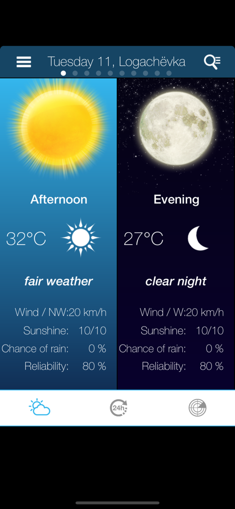 Weather for the Netherlands - オランダの天気予報アプリのスクリーンショット、気温と風速を含むオランダの午後と夕方の予報を表示