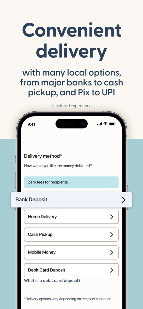 Remitly app interface displaying international money delivery options including bank deposit and cash pickup