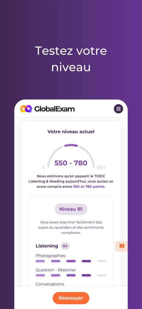 GlobalExam - Cours de langues - Interface de l'application GlobalExam montrant le résultat d'un test de niveau de langue avec une estimation du score TOEIC et un niveau B1