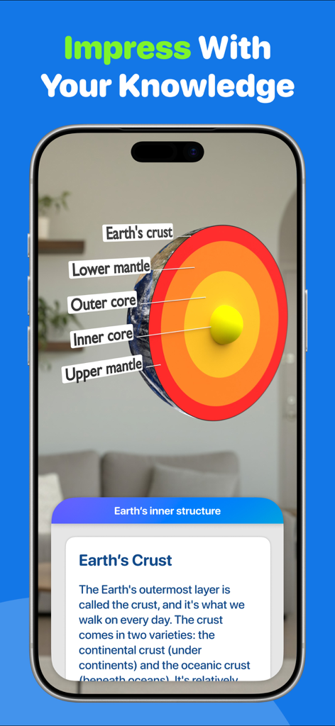 Geography Quiz: GeoGeek - Augmented reality 3D model of Earth inner structure layers in GeoGeek app