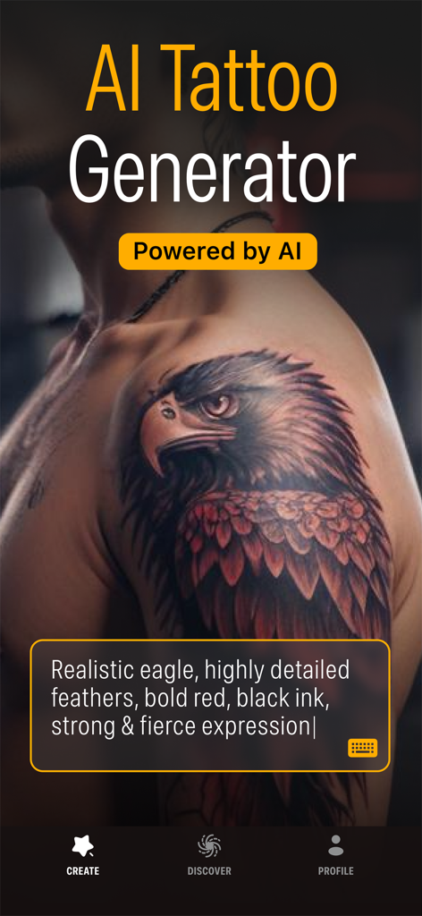 AI Tattoo Generator - The INK - Interfaz de la aplicación AI Tattoo Generator que muestra un diseño realista de águila en un hombro con un prompt de texto personalizado