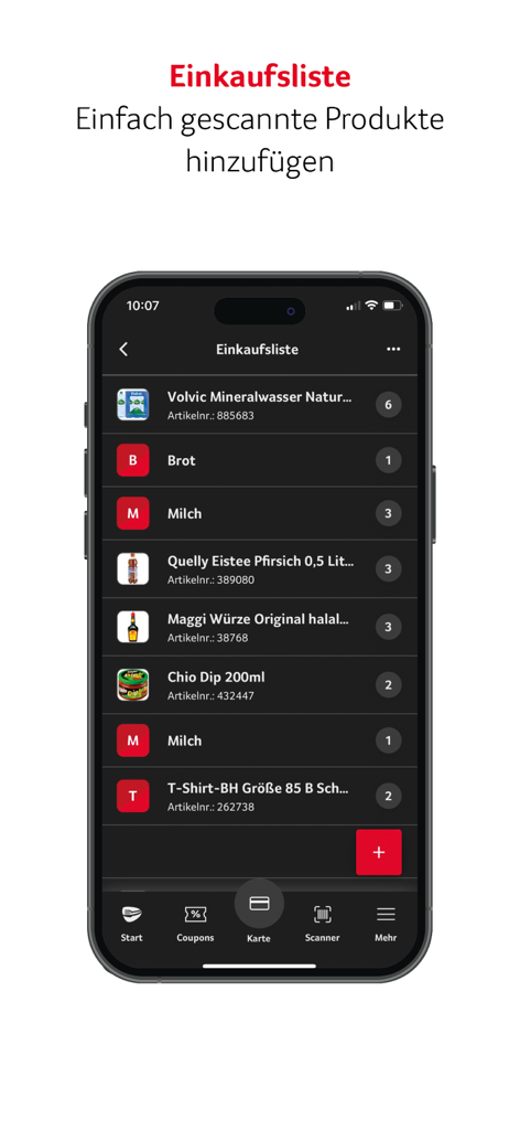 Selgros (New) - Digitale Einkaufsliste der Selgros-App mit Lebensmitteln wie Wasser, Brot und Milch auf einem Smartphone-Bildschirm