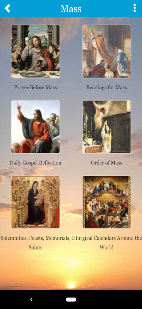 A menu of Catholic Mass resources including prayers and reflections