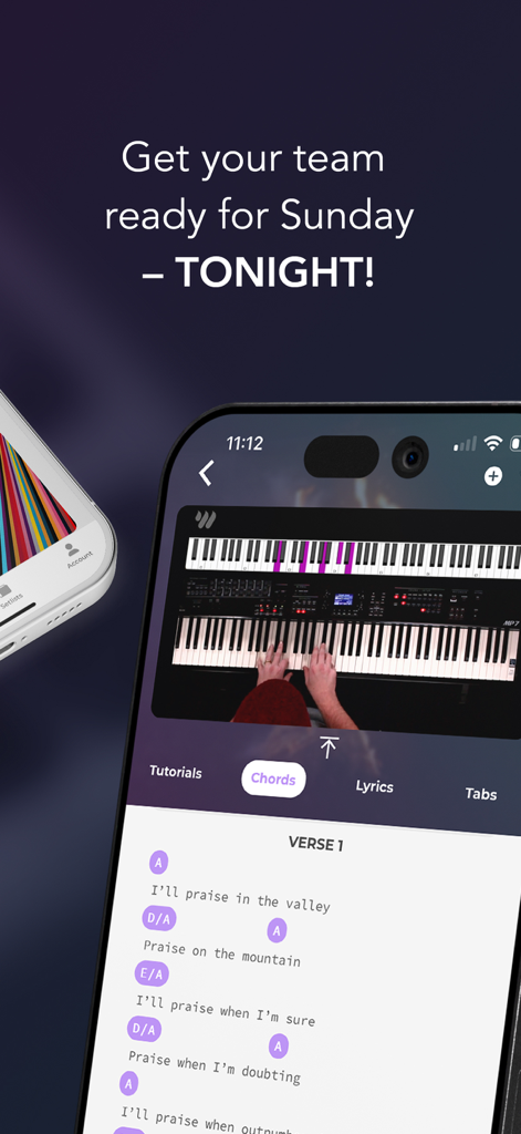 Worship Online - Worship Online app screen showing a keyboard video tutorial with song lyrics and transposable chords
