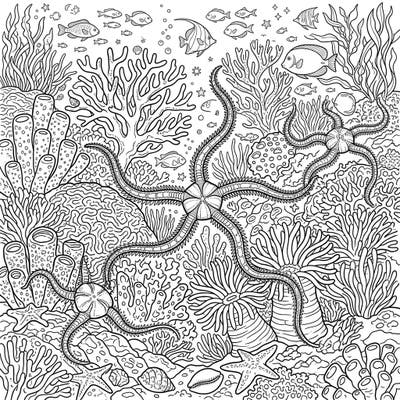 Explore the depths with this captivating brittle stars full scene coloring page, showcasing a vibrant underwater world. Immerse yourself in intricate coral, diverse marine life, and the delicate beauty of these echinoderms.