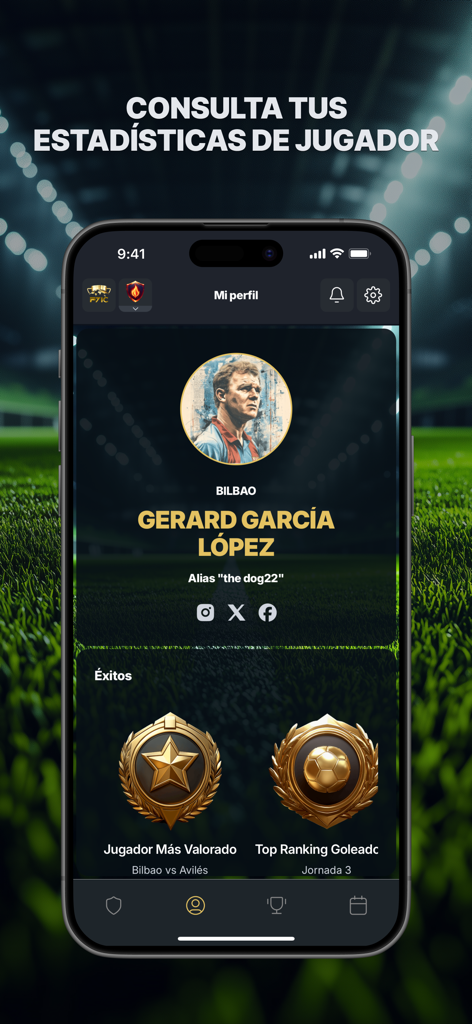 MyGol - Soccer Leagues - Soccer player profile screen showing performance statistics and digital achievement awards in the MyGol app