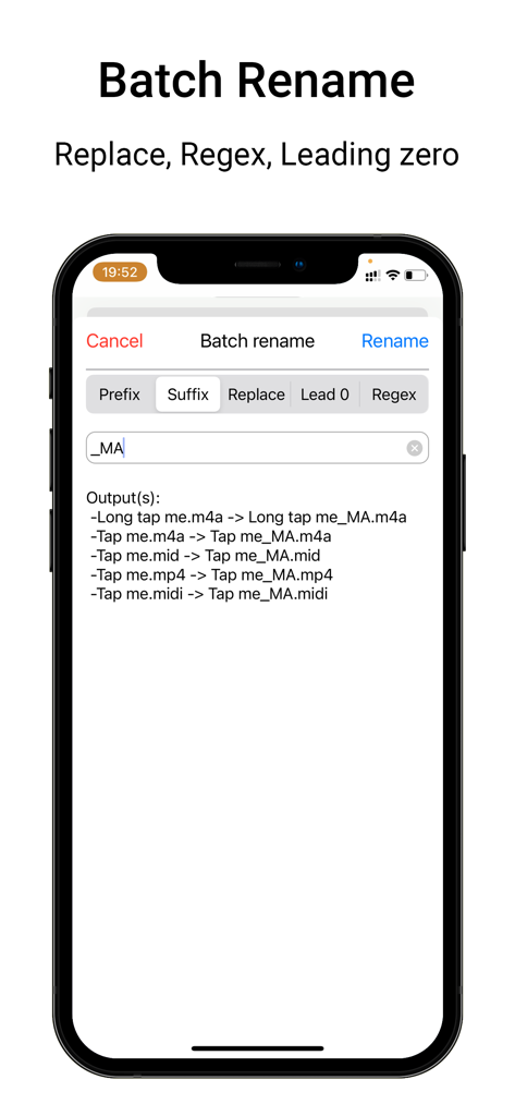 Media Assistant - Interface de renomeação em massa do aplicativo Media Assistant mostrando opções de prefixo, sufixo e regex para organizar arquivos de áudio