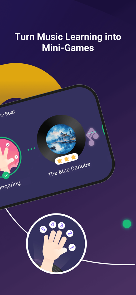 PianoDodo - Learn Piano Basics - PianoDodo app screen showing music learning mini games with finger numbering and song selection