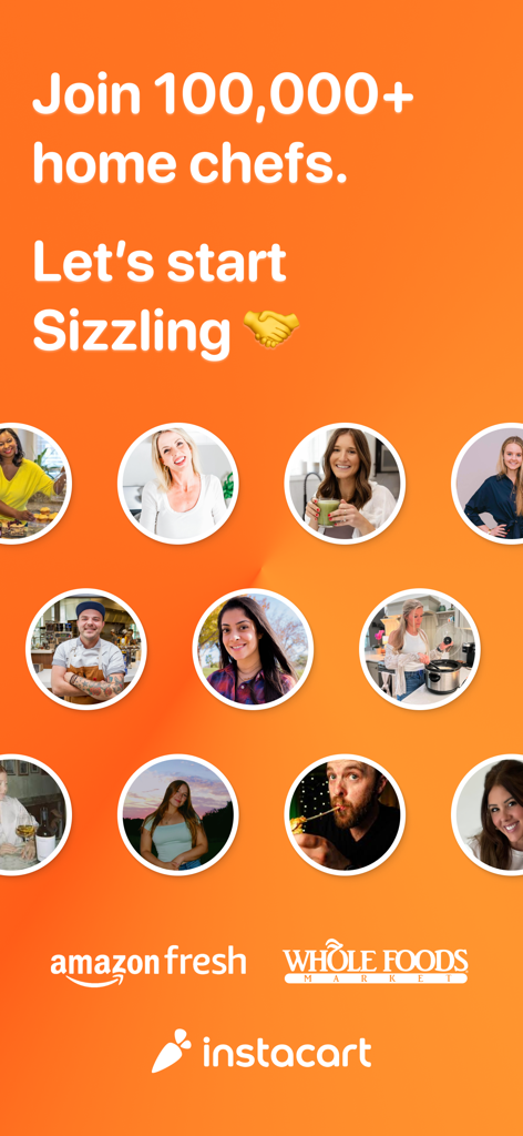 Sizzle - Discover, Shop, Cook! - A screen from the Sizzle app showcasing a community of over 100000 home chefs creator profiles and grocery delivery partners including Amazon Fresh Whole Foods and Instacart