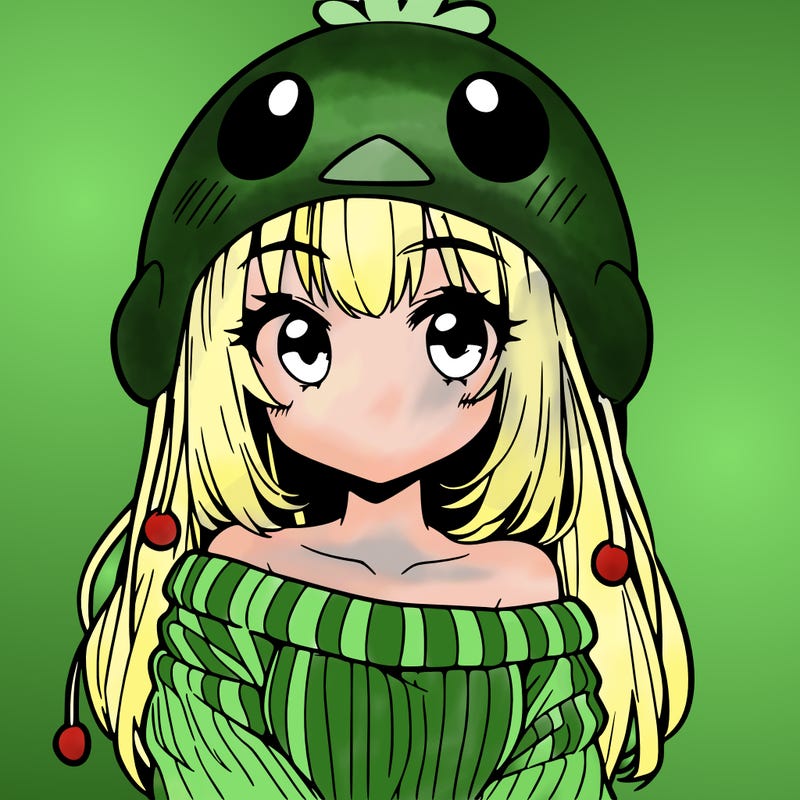 anime girl with chick shaped hat with sweater with bare shoulders with bangs covering them one eye with low tail
