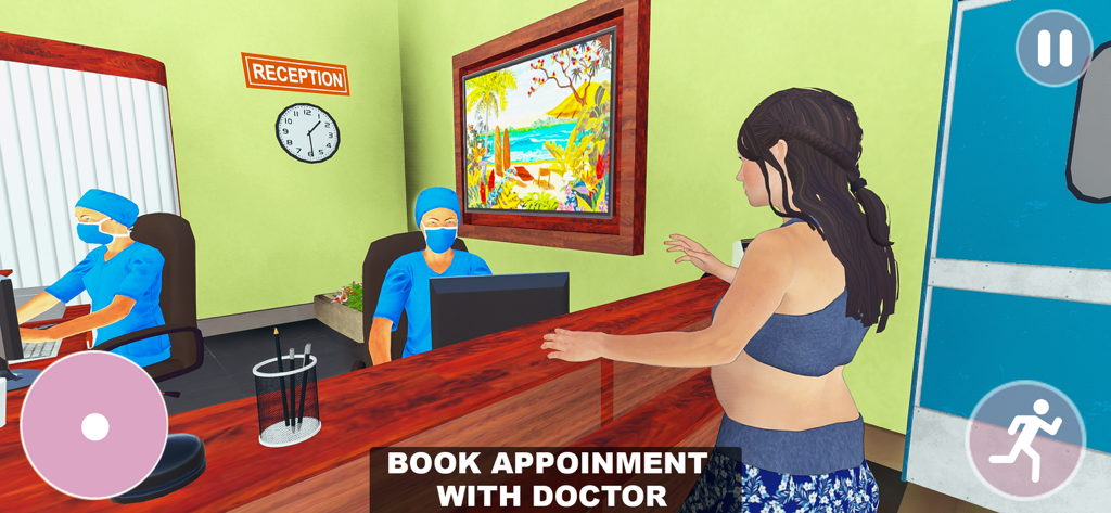 A pregnant mother character visits the hospital reception to book a doctor appointment in a virtual simulation game.