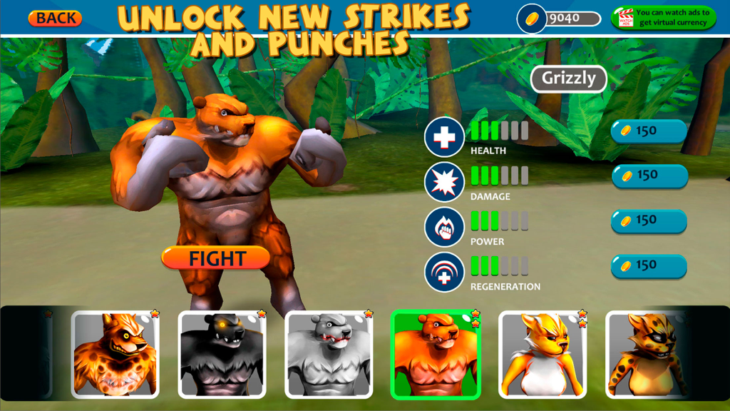 Animals Kungfu Master Legend - Character selection menu in Animals Kungfu Master Legend featuring a grizzly bear fighter with stats