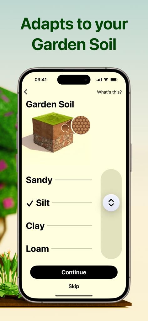 Flourish Garden - Flourish Garden app interface showing soil type selection options including sandy silt clay and loam with a 3D soil cross-section diagram