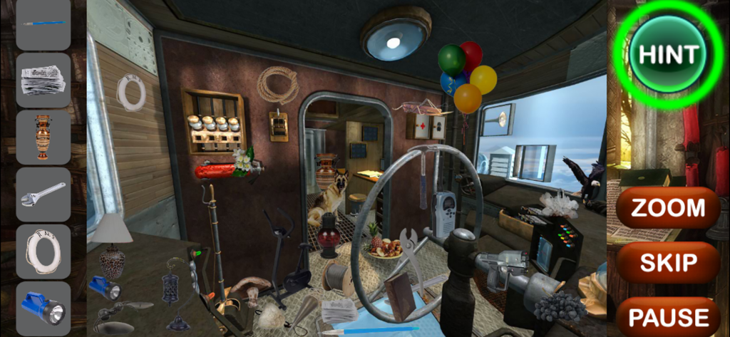 Mystery Hidden Objects - Gameplay screenshot of Mystery Hidden Objects showing a cluttered cabin scene with a list of items to find and navigation buttons like Hint and Zoom.