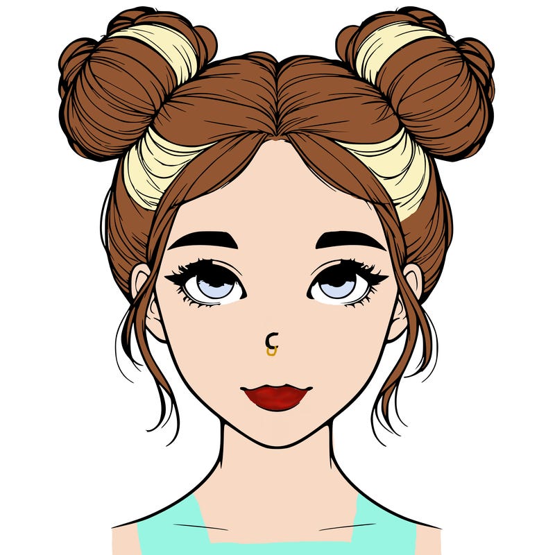 realistic girl with two buns on top of her head