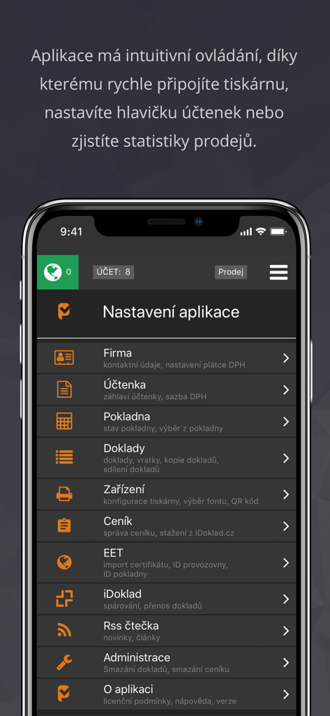 Profi Účtenka - Interfaz de app móvil mostrando ajustes para un recibo profesional y un sistema TPV con opciones de información de empresa y configuración de dispositivo
