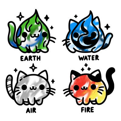 4 cats that represent the different elements, earth, water, air, and fire