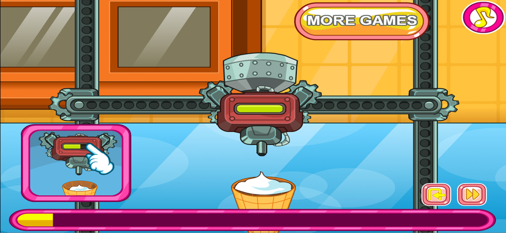 Cooking Games Baking Lasagna - Cartoon machine pouring white sauce into a bowl during a lasagna cooking simulation game