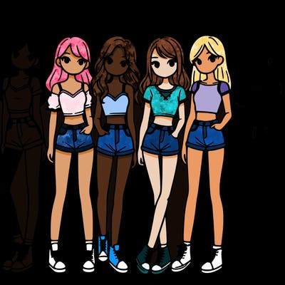 a group of girls wearing crop tops and shorts