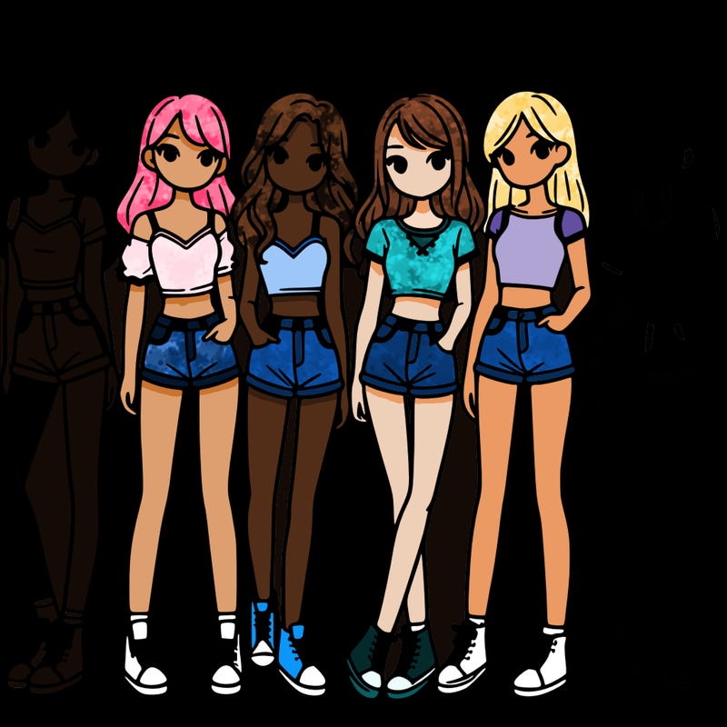 a group of girls wearing crop tops and shorts