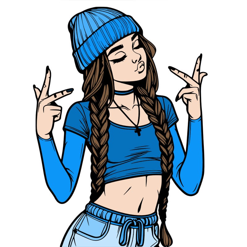realistic teenage girl with braids and a beanie and crop top doing 🫶🏼