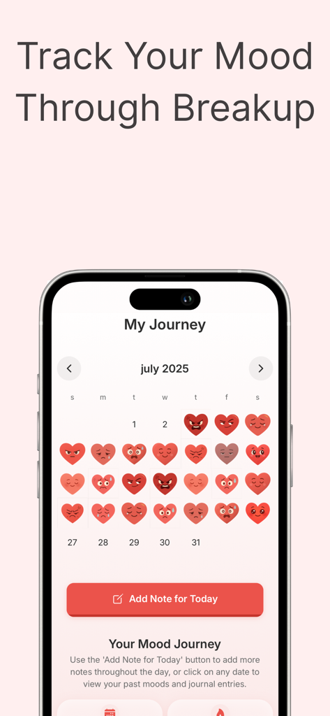 Mended - No Contact & Breakup - Mended app interface displaying a monthly calendar filled with heart shaped mood icons to track emotional progress after a breakup