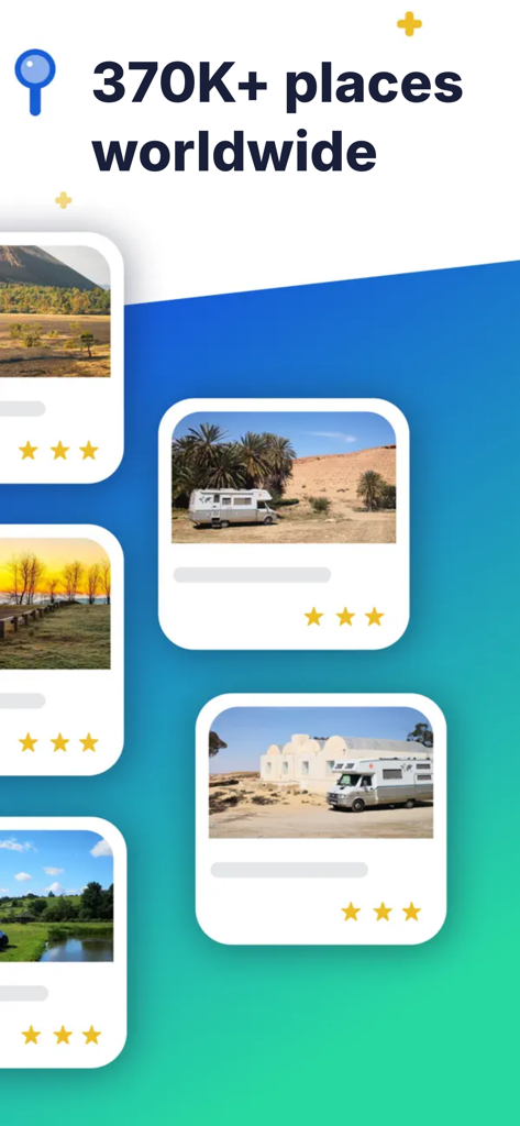 Park4night app interface showing over 370000 locations worldwide with user ratings and photos