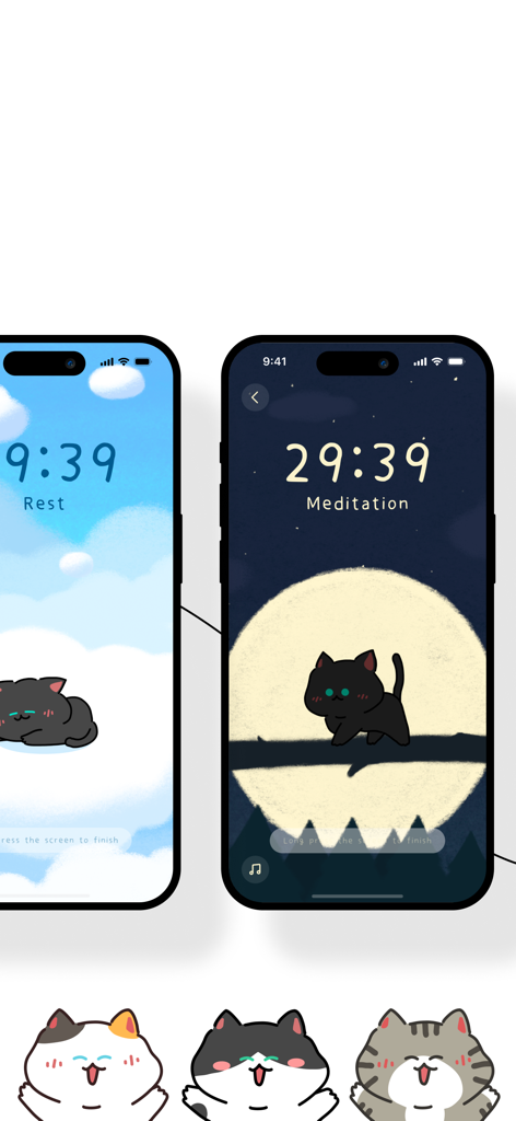 Cat Flow - Kitty Focus Timer - Two iPhone screens displaying a cat-themed focus timer for rest and meditation with cute characters and aesthetic backgrounds.