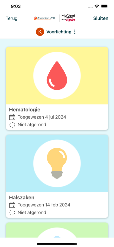 Mijn Dossier Amsterdam UMC - Mobile screen showing patient education tasks for hematology and neck issues in the Amsterdam UMC app