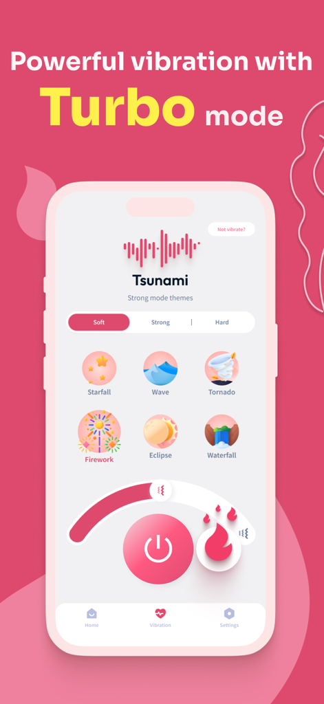Interface de l'application Vibrateur présentant le mode turbo et des motifs de vibration personnalisables tels que Tsunami et Feu d'artifice.